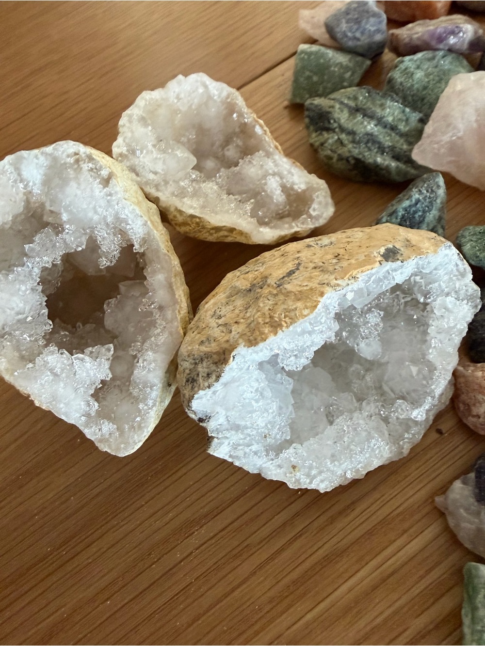 Assorted Raw Crystal Lot with 3 Quartz Geodes